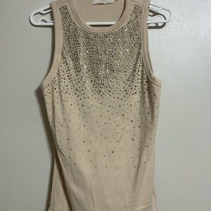 Cream cotton blend tank with gold rhinestones